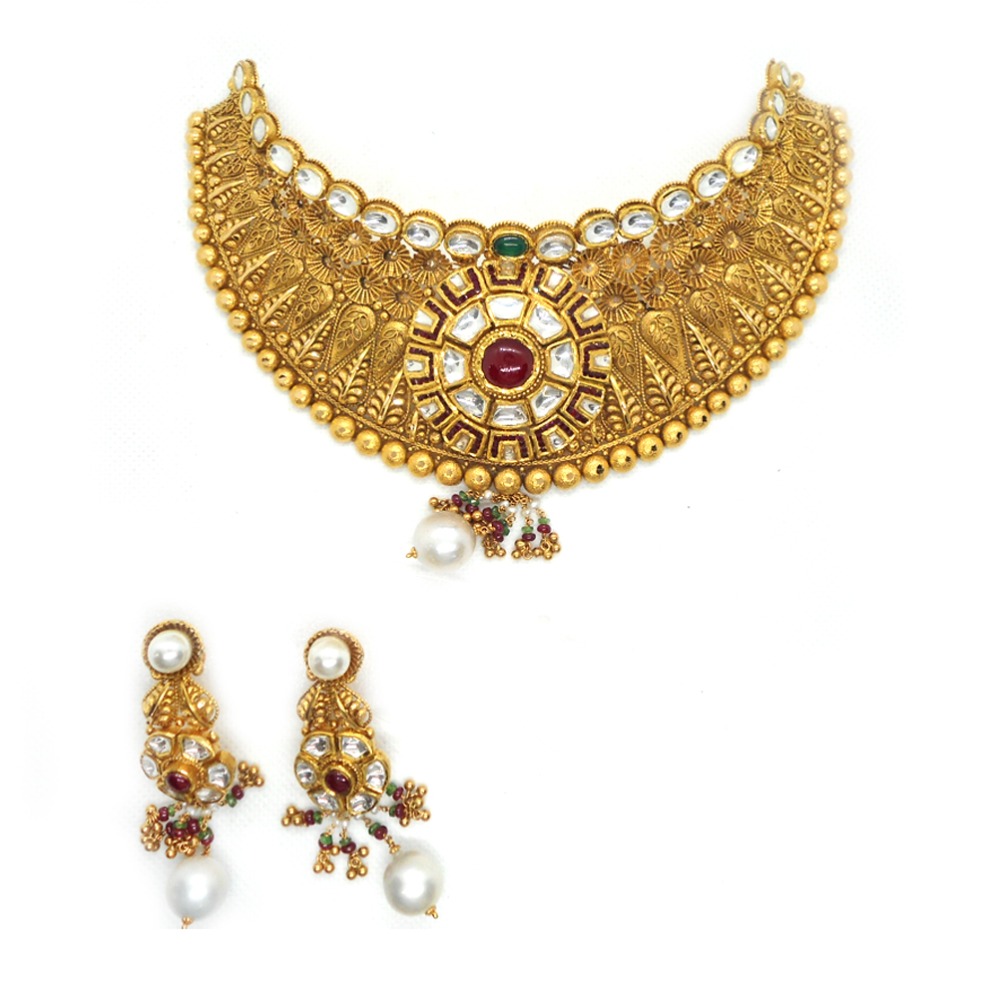 916 Gold Antique Bridal Necklace Set RHJ-3383