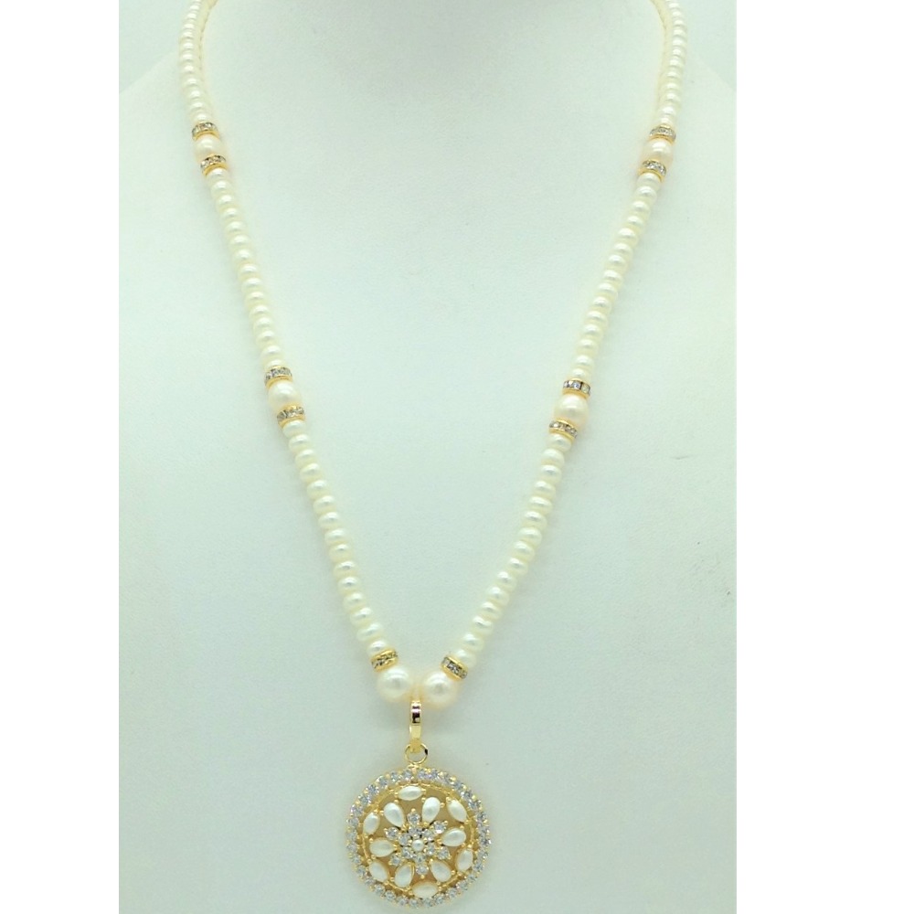 White cz pendent set with 1 line flat pearls mala jps0681