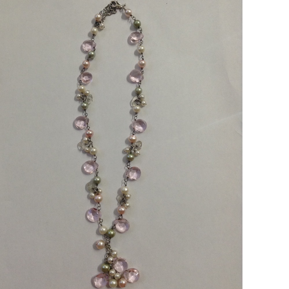 Freshwater Multicolour Potato Pearls Silver Wire Mala with  Faceted Amethyst Drops