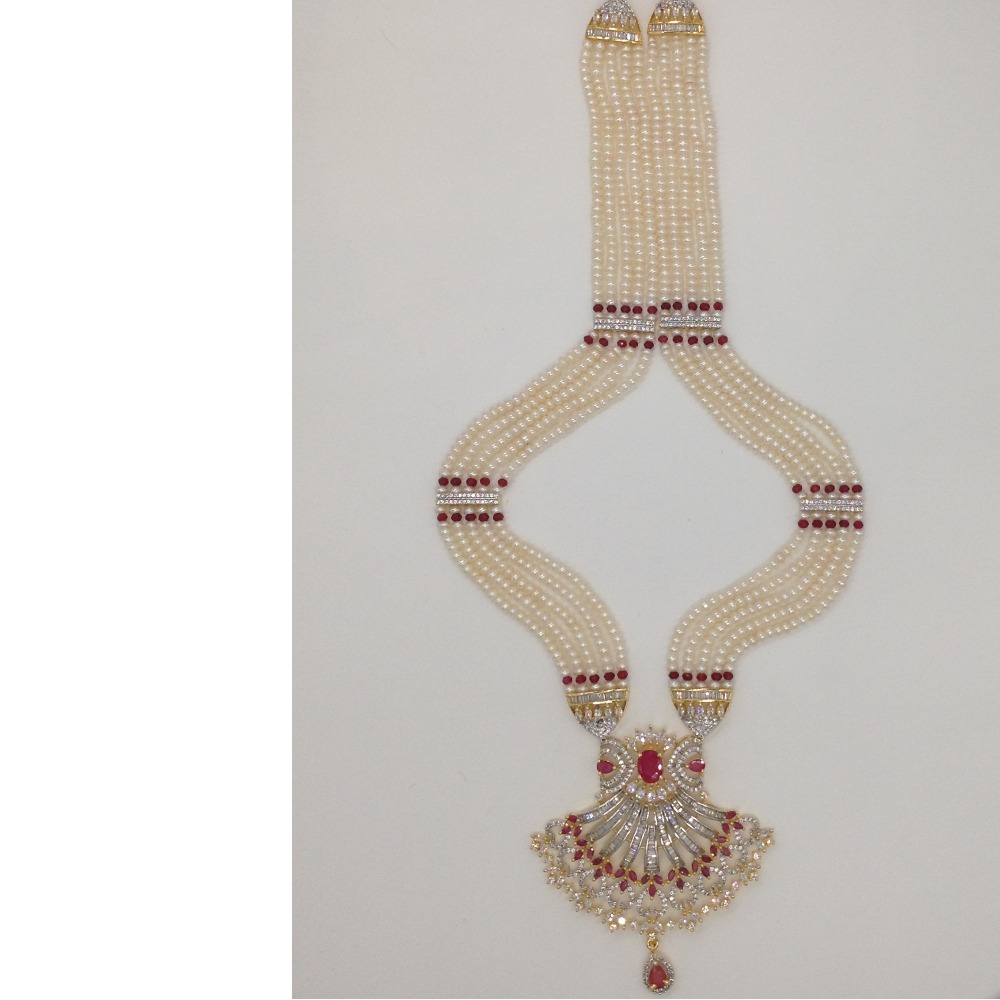 White and red cz rani haar set with 5 lines flat pearls mala jps0495