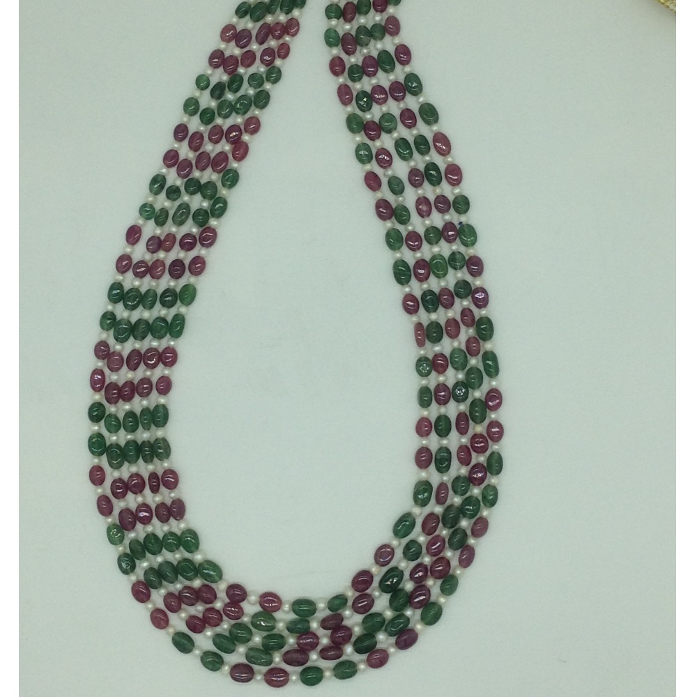 White Flat Pearls with Red,Green Oval Beeds 5 Layers Mala JPM0517