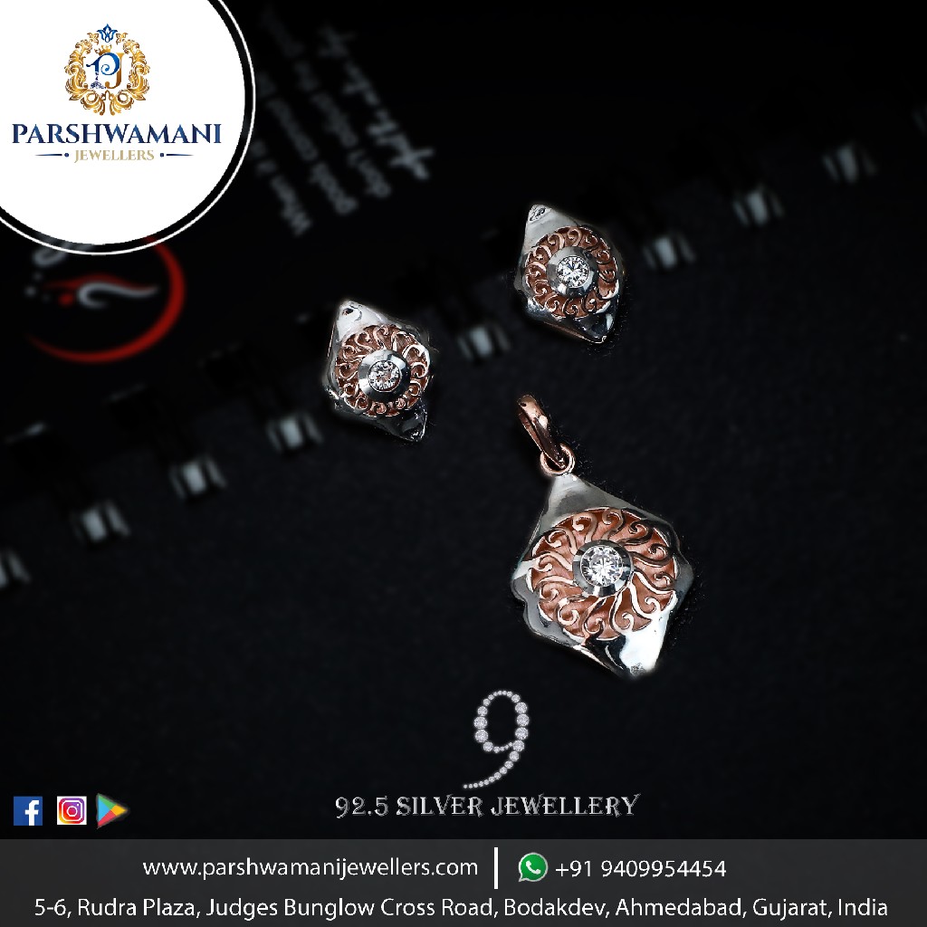92.5 Sterling Silver Solitaire Rose Plated Silver Pendent set For Women