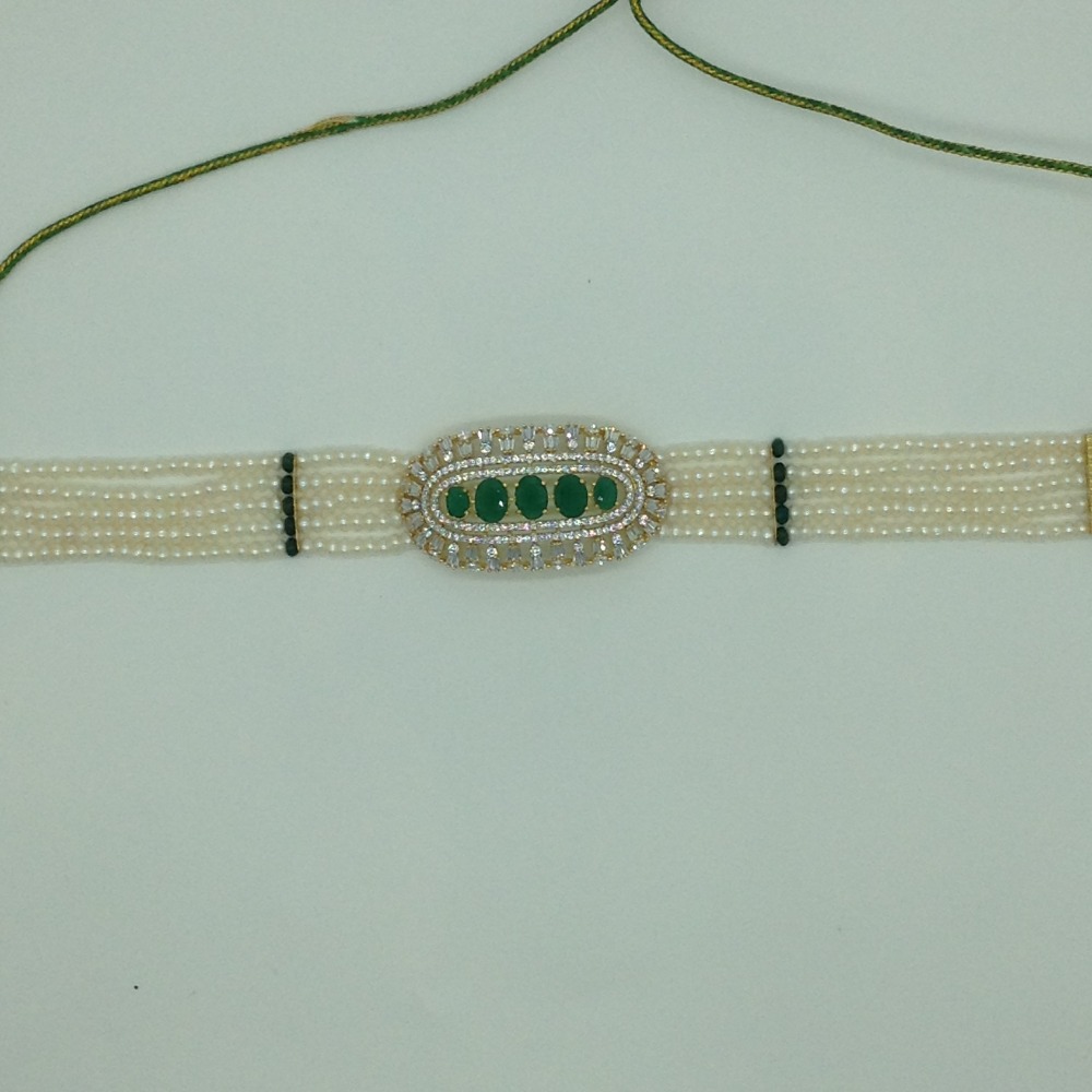 Green,White CZ Choker Set With 5 Line Pearls Mala JPS0780