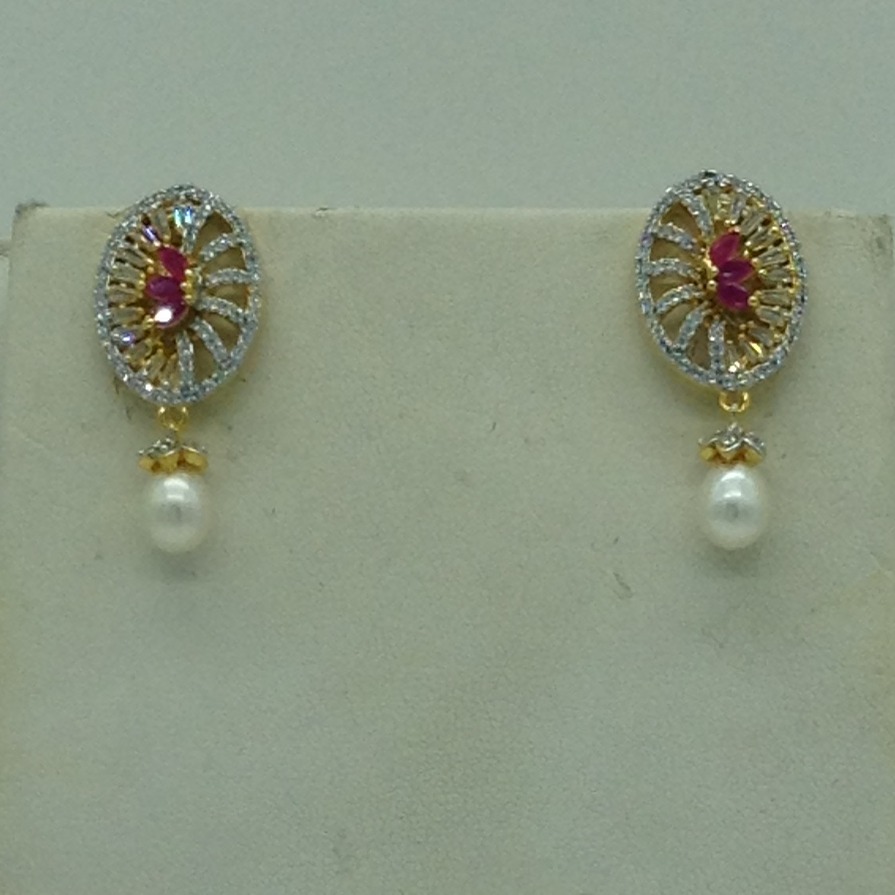 Red And White CZ Broach Set With 3 Line Flat Pearls Mala JPS0659