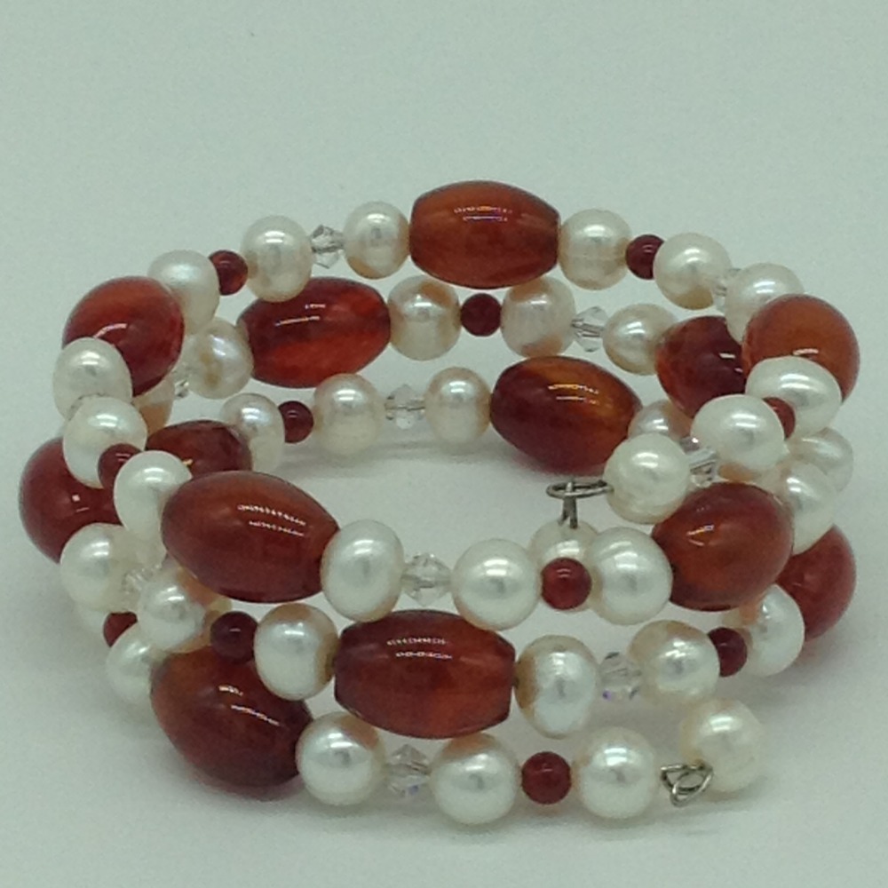 White Potato Pearls And Amber Stone With White Crystals Spiral Bracelet JBG0160