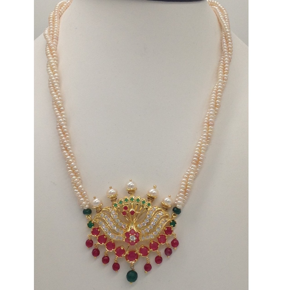 Tri colour cz peacock pendent set with seed pearls jps0430