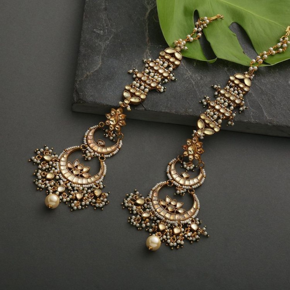 Gold Plated Traditional Kundan Earrings with Hair Chain for Women  RAW  UNITE