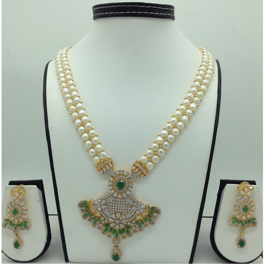 White,green cz ranihaar set with button pearls jps0589