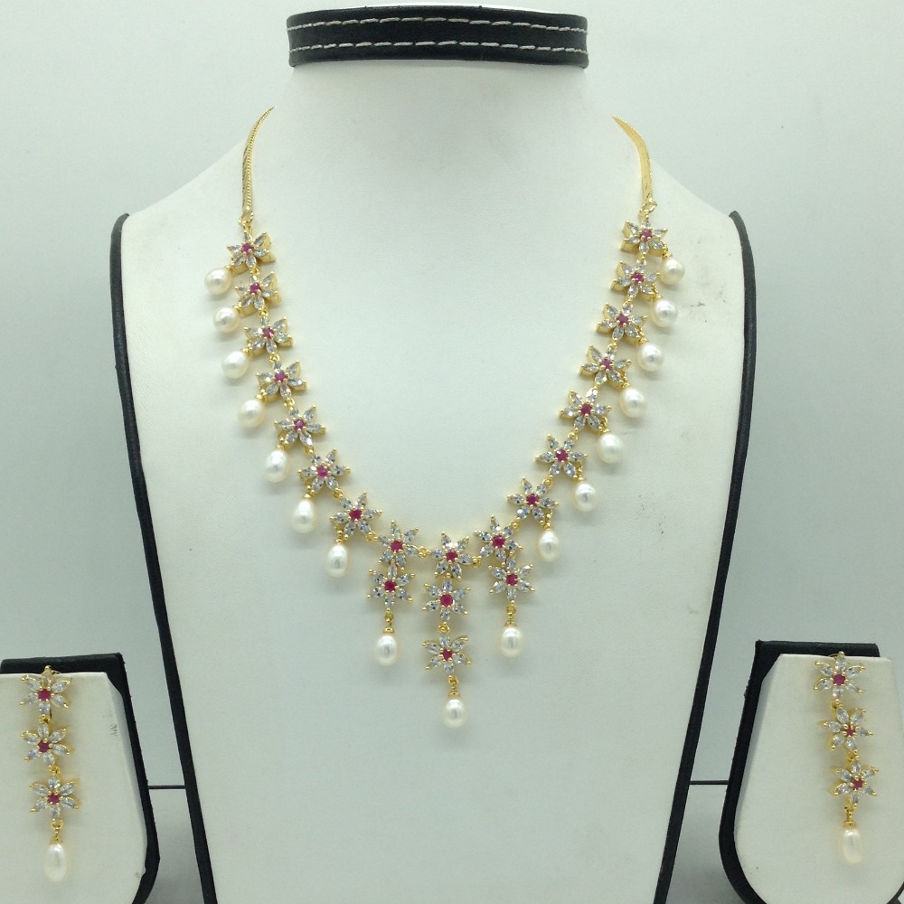 White ,red cz stones and tear drop pearls necklace set jnc0151