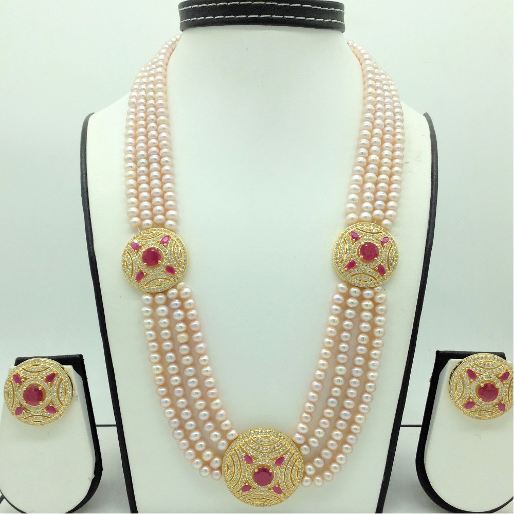 White ,Red CZ Brooch Set With 4 Lines Pink Pearls Mala JPS0710