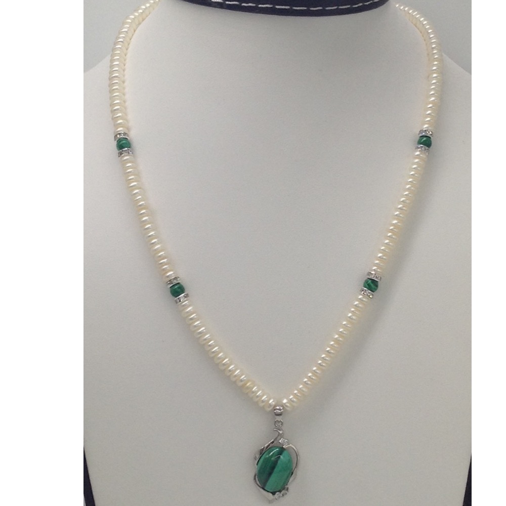 White CZ And Melagite Pendent Set With Flat Pearls Mala JPS0125