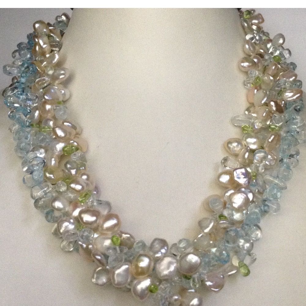 cream baroque pearls 4 layers necklace with aquamarine JPM0149