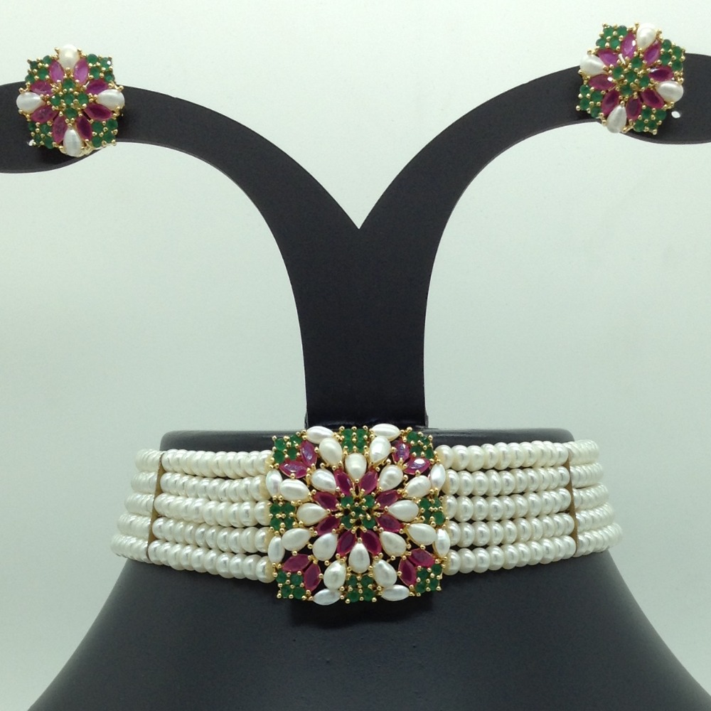 Tri Colour Choker Set With 5 Line Flat Pearls Mala JPS0619