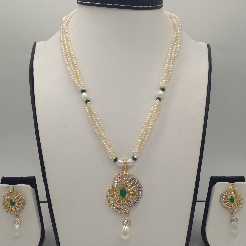 White, green cz pendent set with 3 line seed pearls jps0351