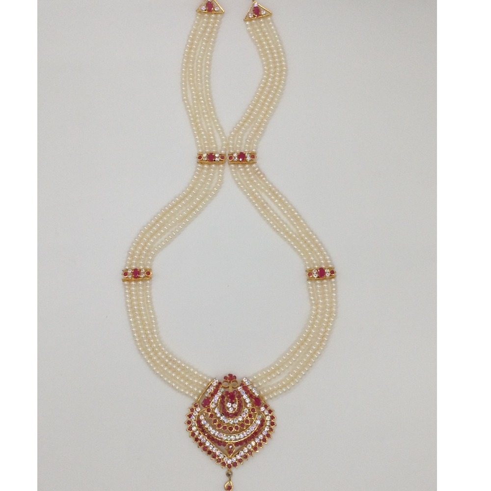 White;red cz ranihaar set with 4 lines flat pearls jps0476