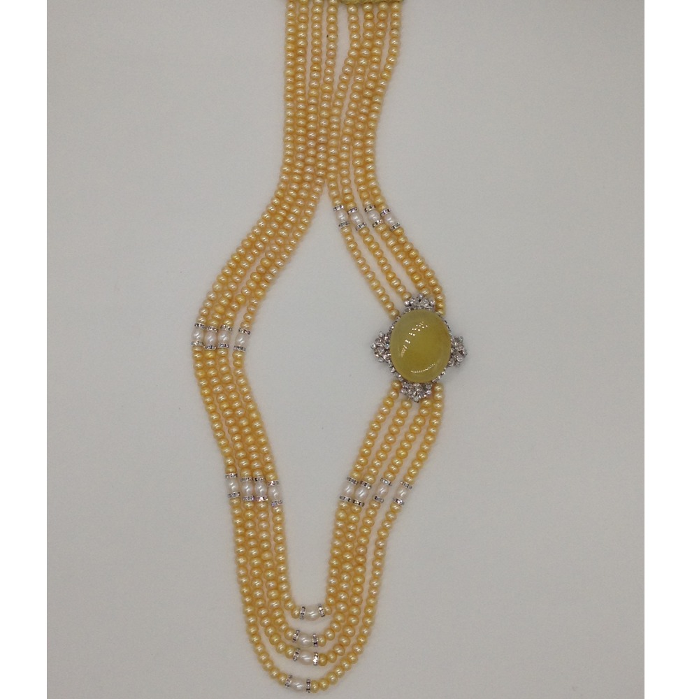 White CZ Brooch Set With 4 Lines Golden Flat Pearls Mala JPS0479