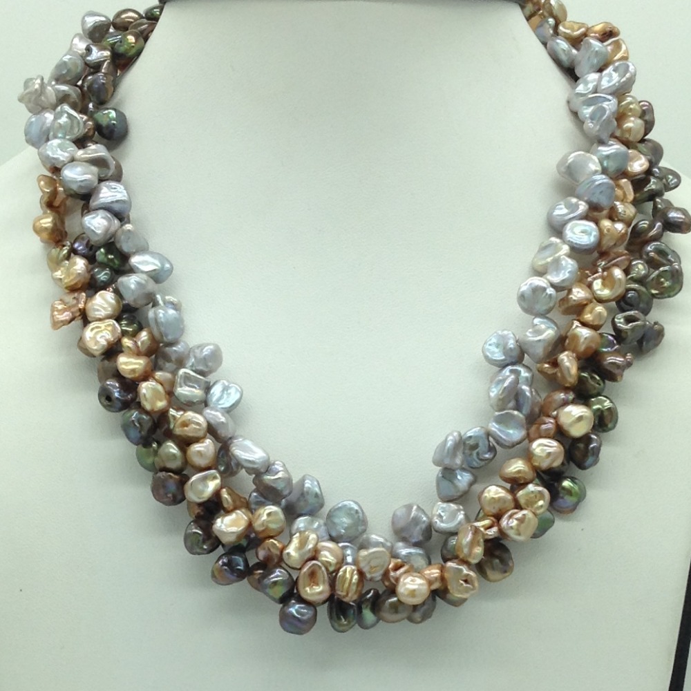 Multicolour kudkal pearls 3 layers twisted necklace jpm0434
