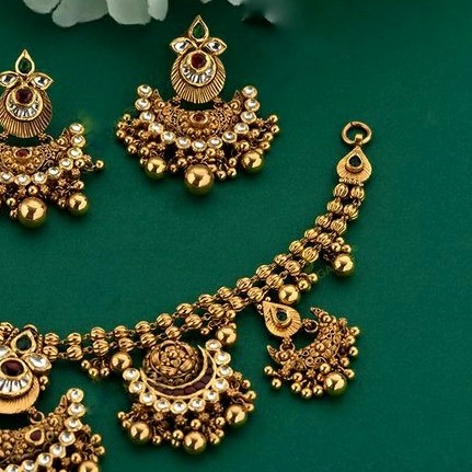 22KT/ 916 Gold antique bridle Jadtar Half Necklace set for ladies