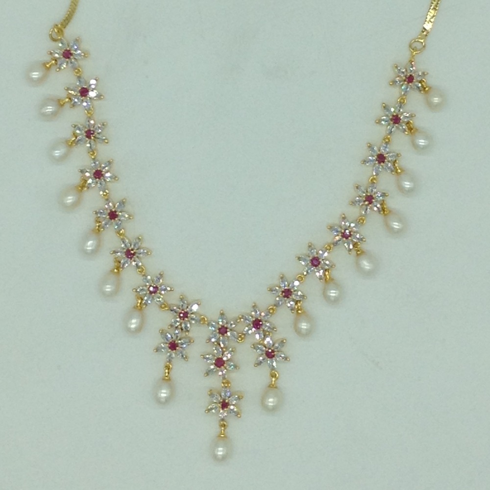 White ,red cz stones and tear drop pearls necklace set jnc0151