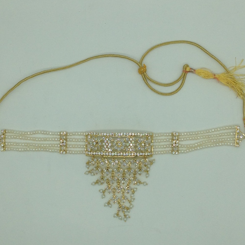 White CZ Choker Set With 4 Line Pearls Mala JPS0775