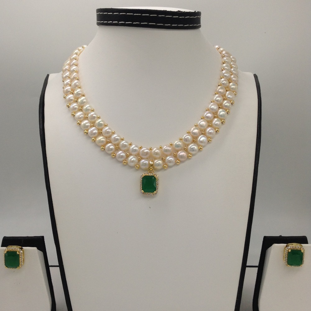 White;Green cz pendent set with 2 line button pearls jps0388