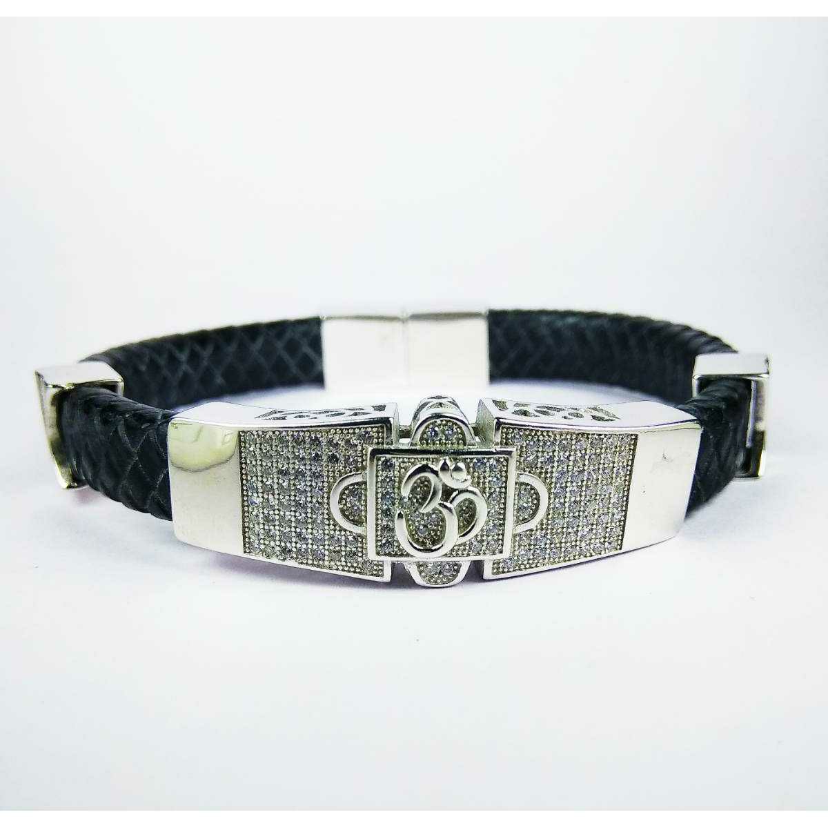 Fancy 925 Silver Gents Black Leather Om Bracelet