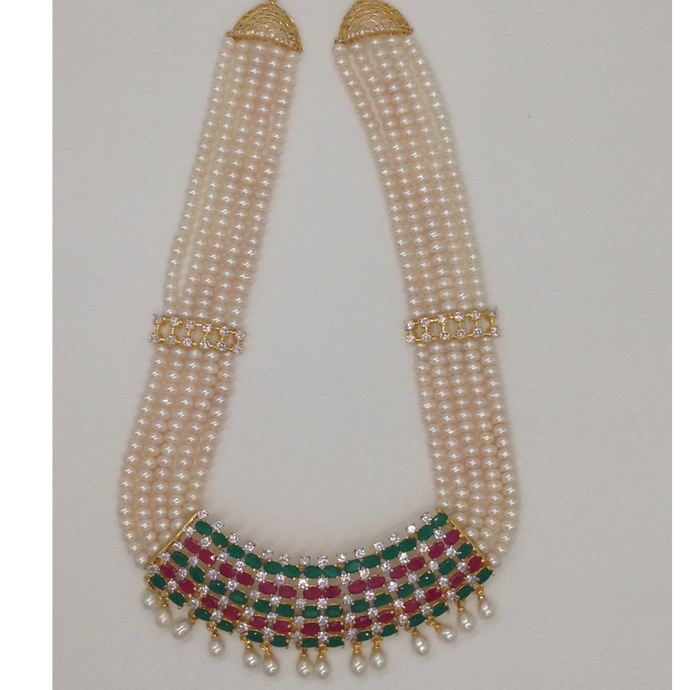 Tri Colour CZ And Pearls Pendent Haar Set With 5 Line Flat Pearls Mala JPS0355