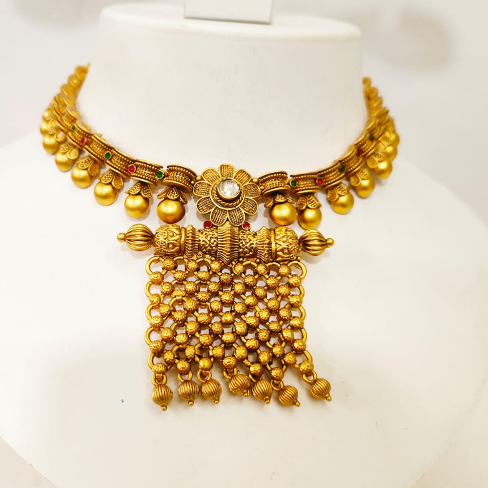 Antique Gold plated Beads & Flower Design choker Necklace set 1352