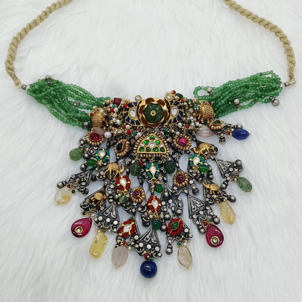 Multi elements stylish nakhra necklace in vintage silver with gems