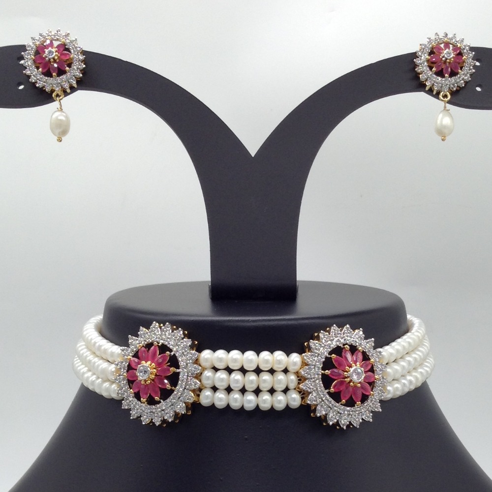 White And Red CZ Choker Set With 3 Line Flat Pearls Mala JPS0513