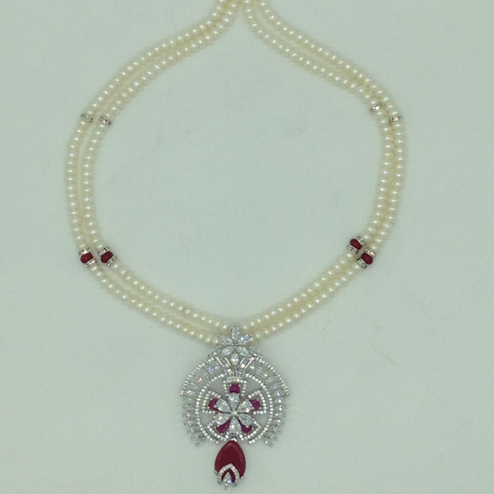 White,red cz pendent set with 2 line flat pearls jps0696