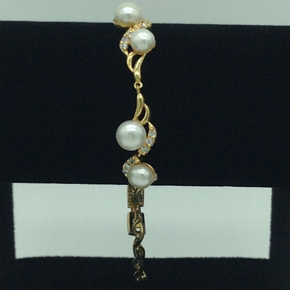 White Button Pearls And White CZ Golden Alloy Chain Bracelet JBG00153