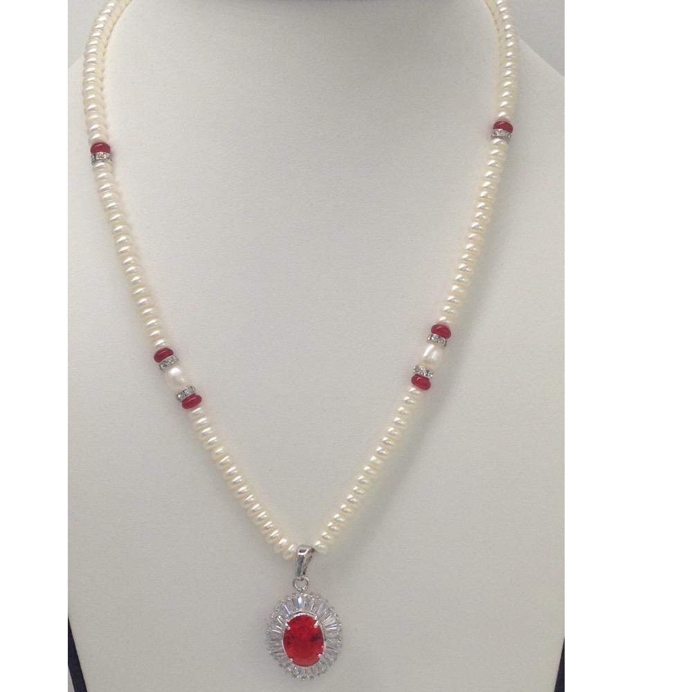 White;red cz pendent set with flat pearls mala jps0111