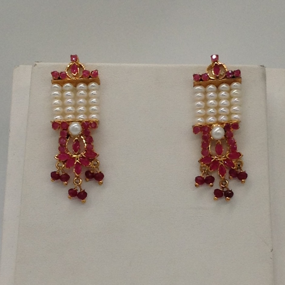 Red cz and pearls ranihaar set with 4 lines flat pearls jps0492