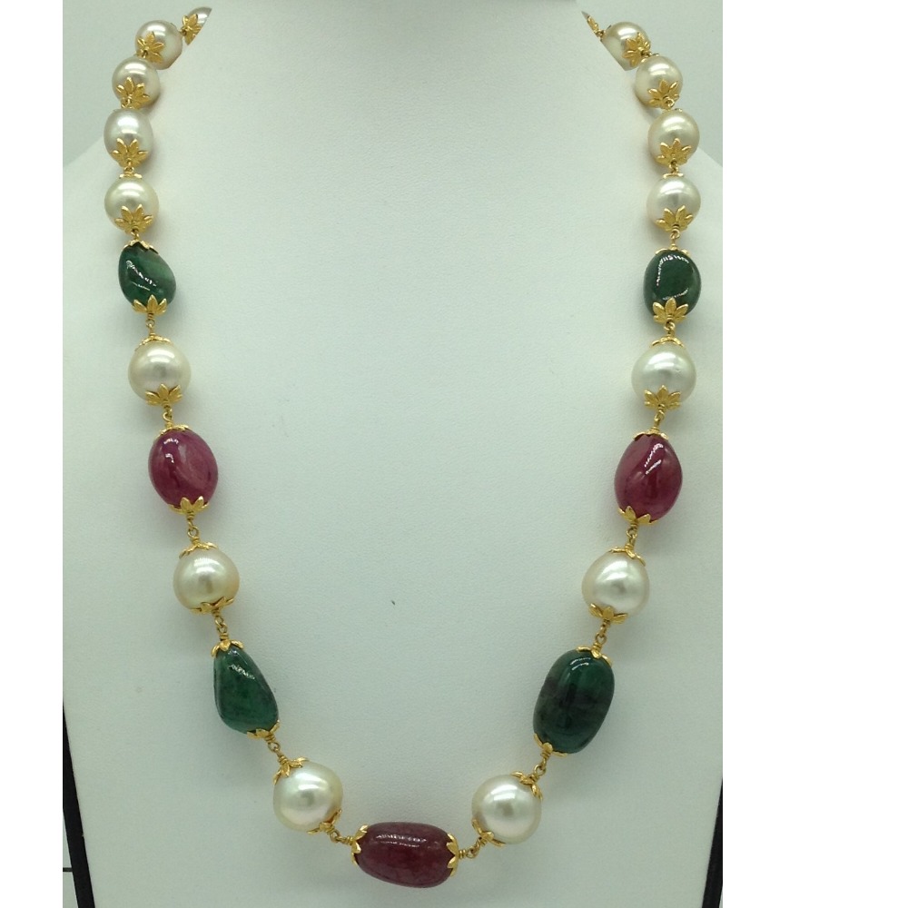 South Sea Pearls With Ruby Emerald Tumbles Gold Taar Necklace JGT0004