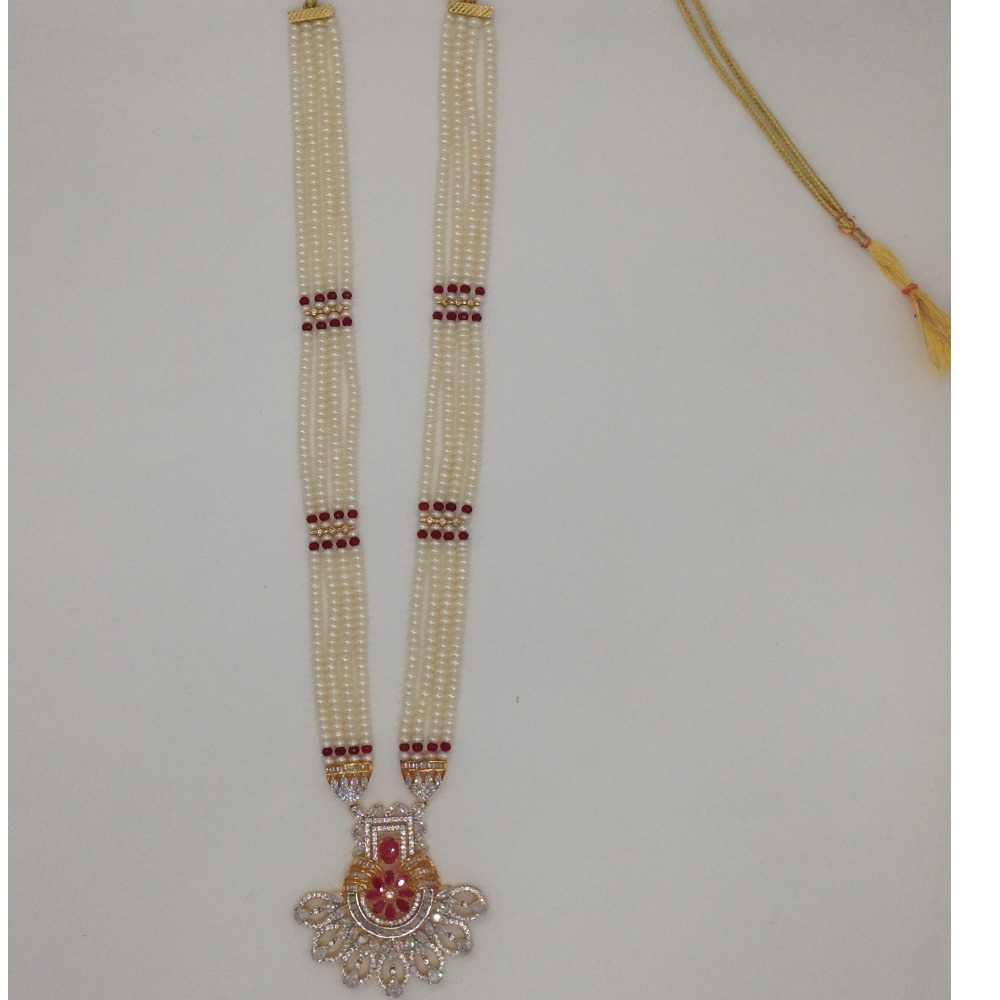 White;red cz rani haar set with 4 lines flat pearls jps0446