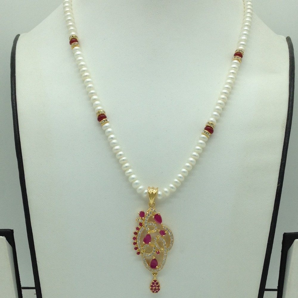 White,Red Cz Pendent Set With 1 Line White Pearls Mala JPS0828
