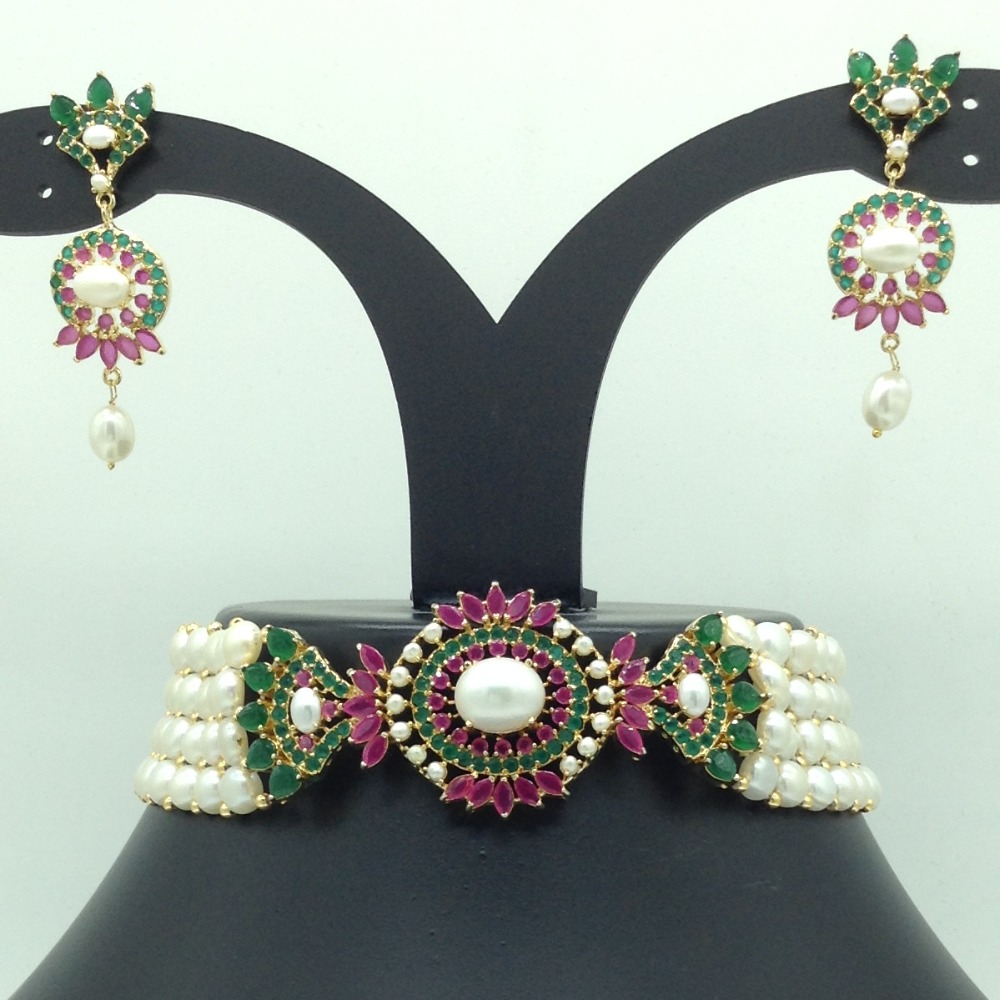 Tricolour CZ Stones Choker Set With Button Jali Pearls Mala JPS0585