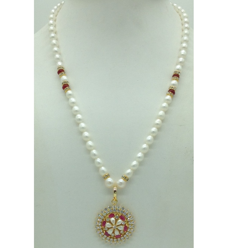 White,Red CZ Pendent Set With 1 Line Oval Pearls Mala JPS0723