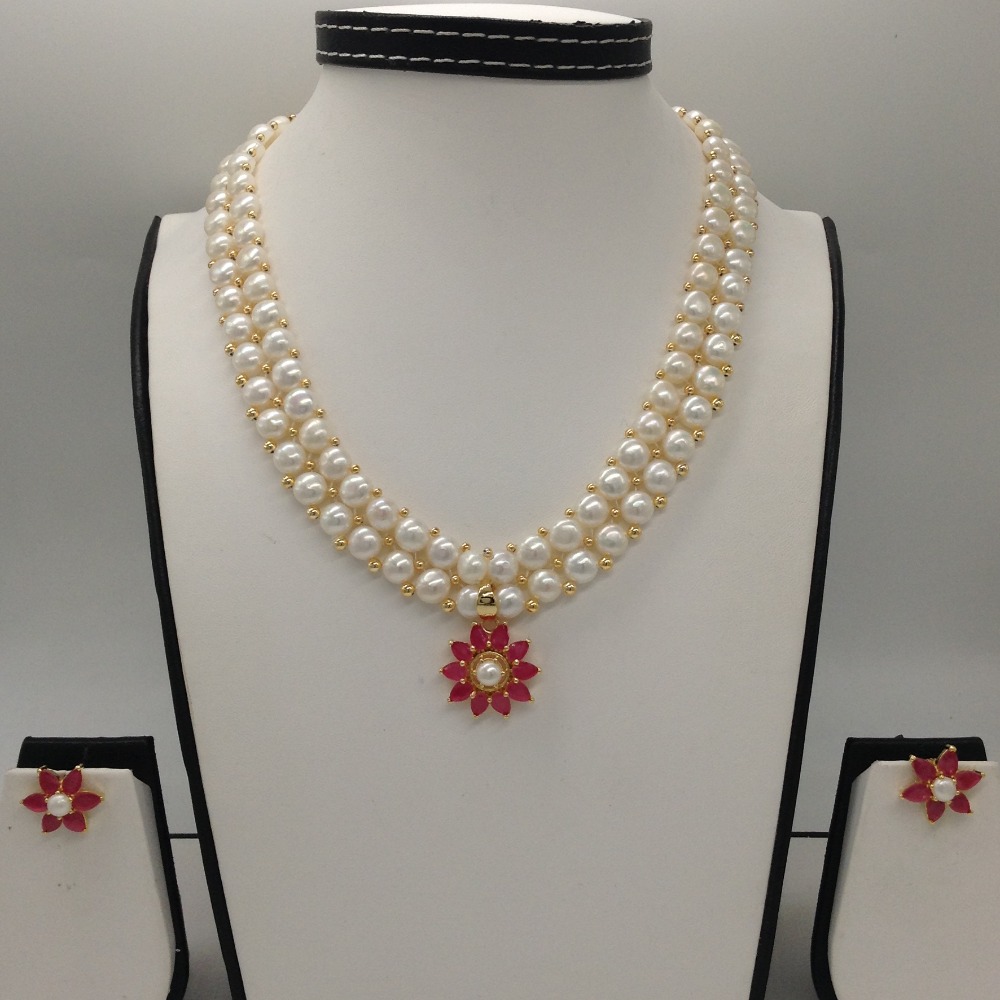 Buy quality Red cz pendent set with 2 line button pearls mala jps0256 ...