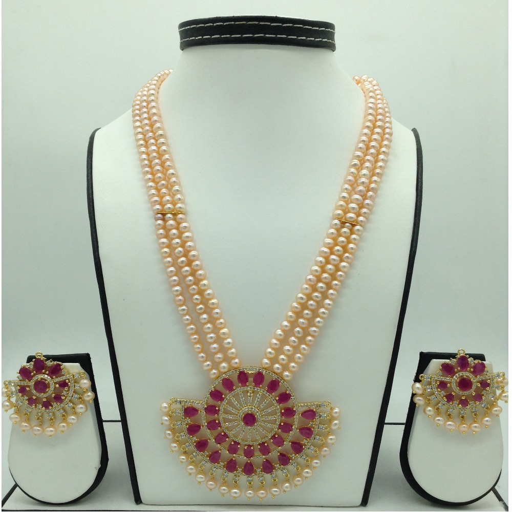 White;red cz pendent set with 3 line orange pearls jps0662