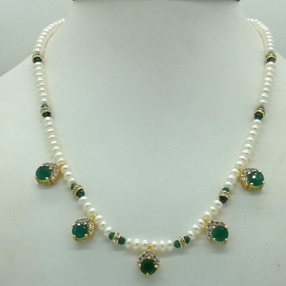 White,green cz 7 pcs set with 1 line flat pearls mala jps0733