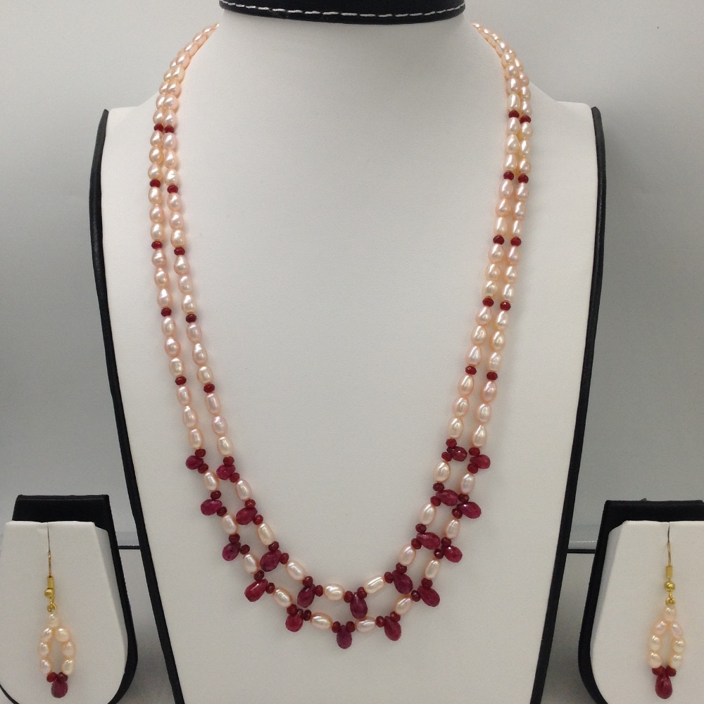 Freshwater Orange Oval Pearls 2 Layers Necklace Set With Faceted Ruby Drops and Round Beeds. JPP1005