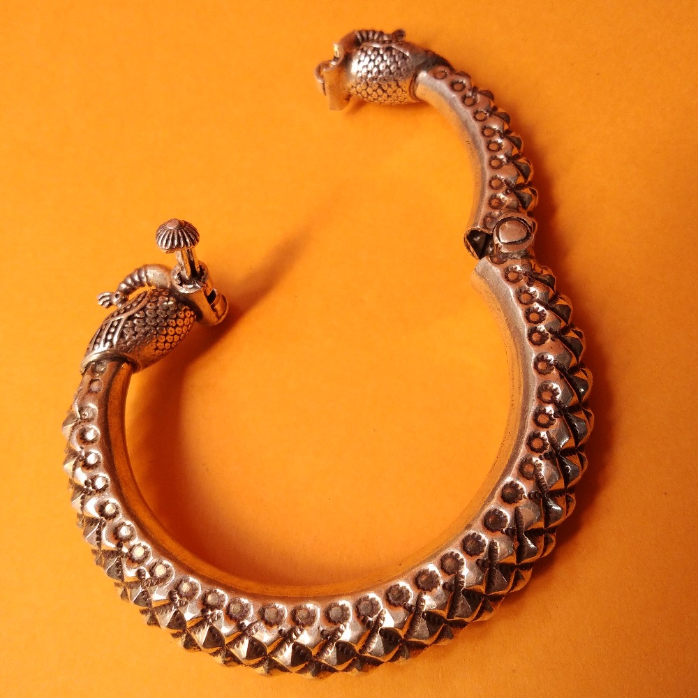 Pure Silver Twin Peacock Rajwada Kada Bangle (adjustable) |puran