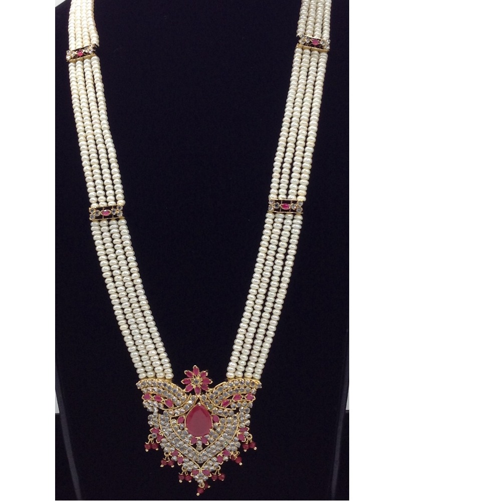 White;red cz rani haar set with 4 lines flat pearls jps0447