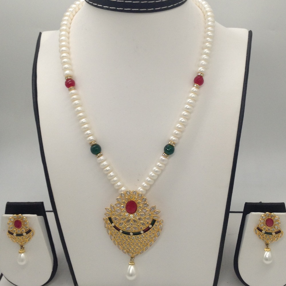 White, red cz pendent set with 1 line flat pearls mala jps0291