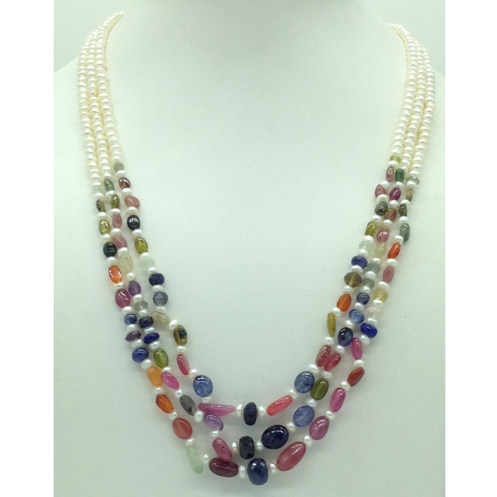 White flat pearls with multicolour stones 3 layers necklace jpm0425