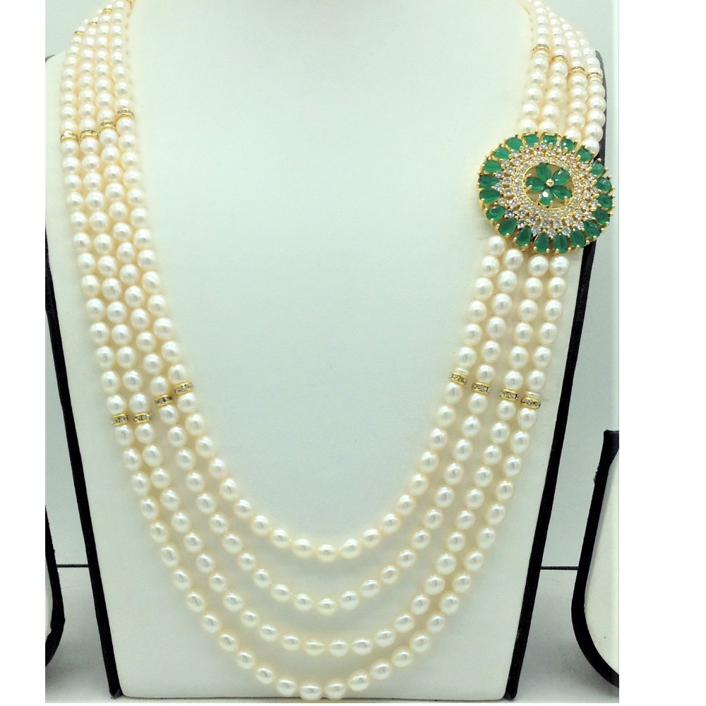 White,Green CZ Brooch Set With 4 Lines Oval Pearls Mala JPS0722