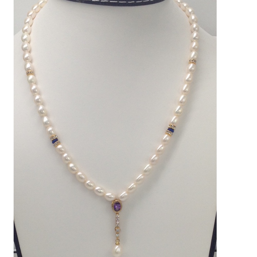 White, purple cz pendent set with flat pearls mala jps0048