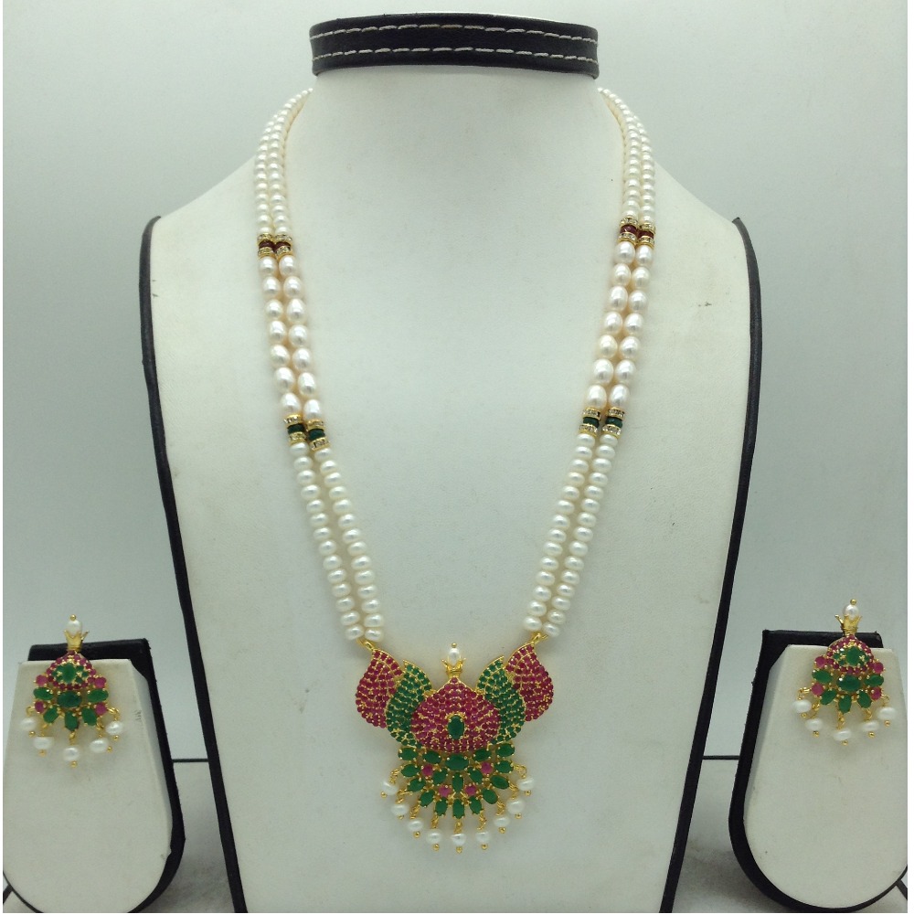 Buy quality Red,GreenCz Pendent Set With 2 Line White Pearls Mala ...